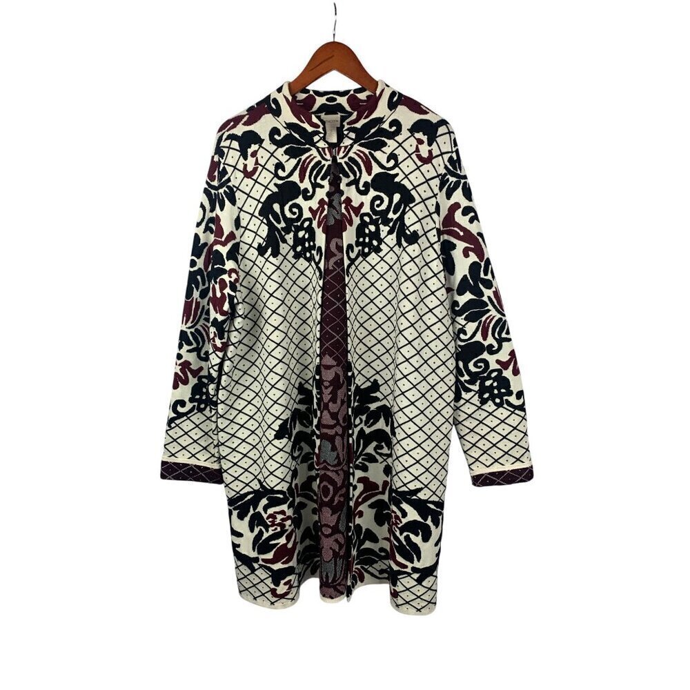 Chicos Multicolor Knit Long Cardigan Jacket Size 3 - Nylon/Rayon Blend Intricate